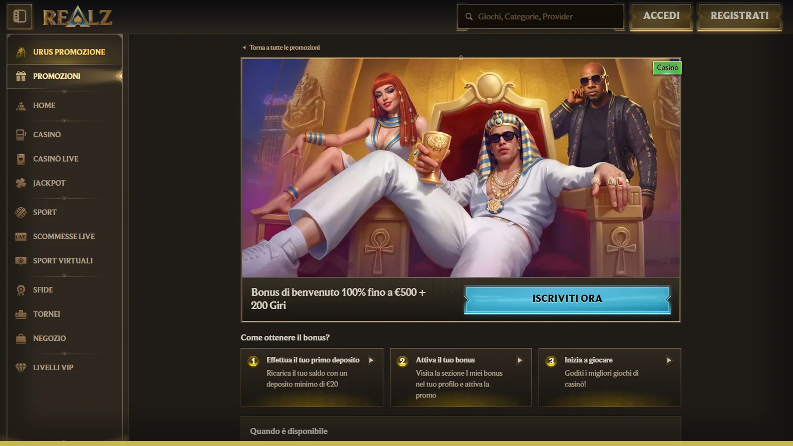 Promozione di benvenuto del casinò Realz: banner, tre passaggi per richiederla e riquadro con le regole dell'offerta